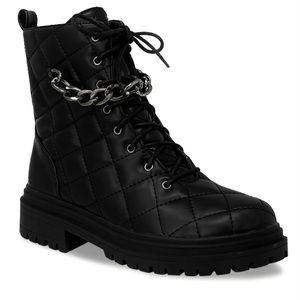 NIB CC CHASE & CHLOE Chain Trimmed Quilted Combat Boots LaceUp Lug Sole 6M Black